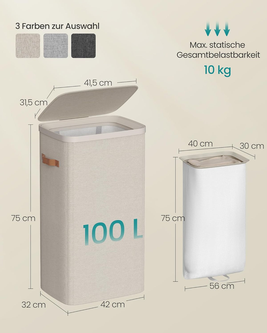 SONGMICS Wäschekorb, 100 L Wäschesammler, Wäschetonne, leichter Aufbau, mit Deckel und Griffen, hera