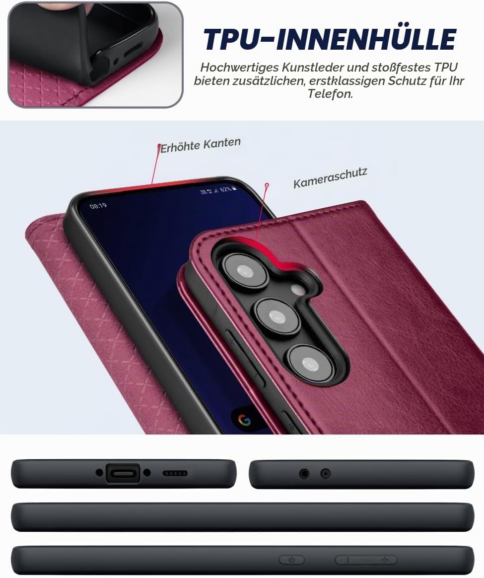OCASE Handyhülle für Samsung Galaxy S24 FE Hülle Premium Leder Burgundy | Flip Klappbare Klapphülle