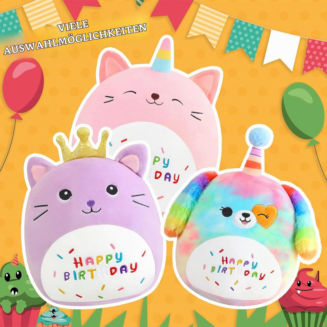 SQEQE Happy Birthday Stuffed Animal 10" Cat Soft Toys with Crown Cute Plush Pillow Cat Plush Toy for