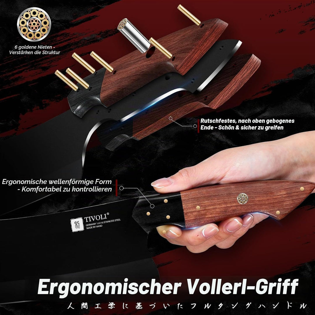 TIVOLI Hackmesser, Edelstahl, robuste Klinge, langlebig, ergonomischer Holzgriff für Fleisch, Knoche