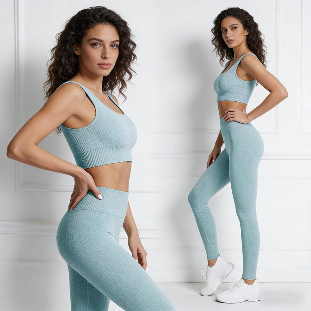 Damen Sportanzüge Jogginganzug Sport Sets 2 Teilig Workout Outfit Set Sport Crop Top+Hohe Taille Yog