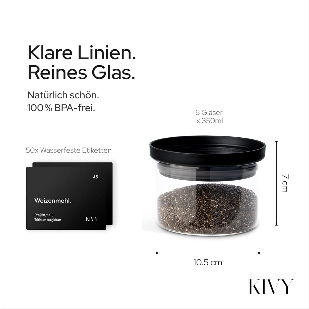 KIVY Kleine Vorratsgläser mit transparenten Glasdeckel [6x 350ml] Luftdichte Gewürzgläser stapelbar