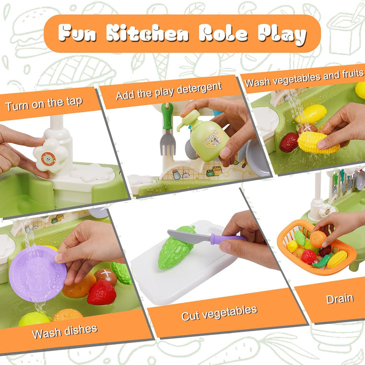 Kinder Spielküche mit Spülbecken,Wasserhahn,Geschirr und Zubehör,Küchenspüle Spielzeug Set mit Wasse
