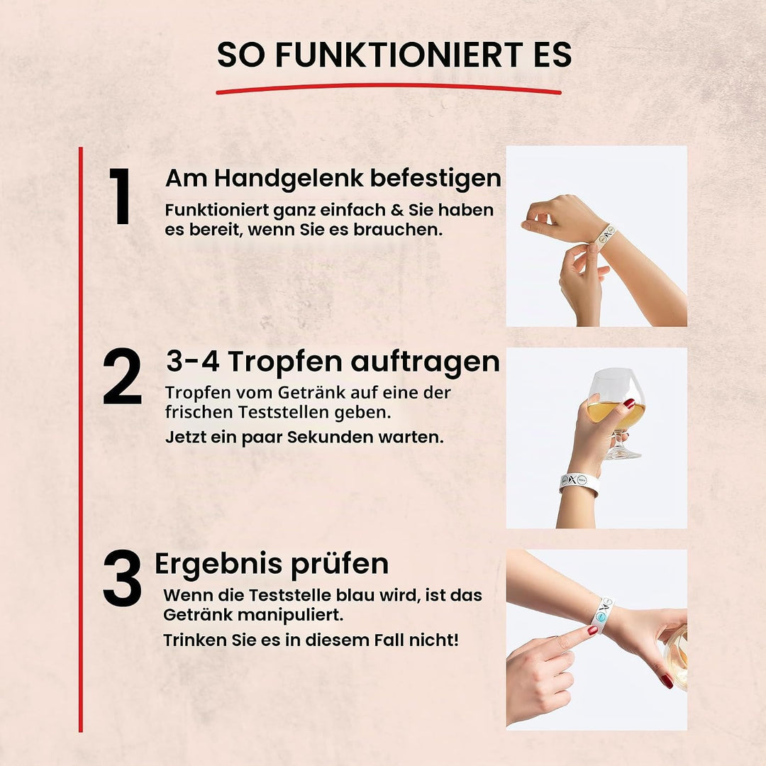 Drinkcheck Armband - Dein Schutz vor KO Tropfen | Teste Dein Getränk auf KO Tropfen GHB | Beige | 4