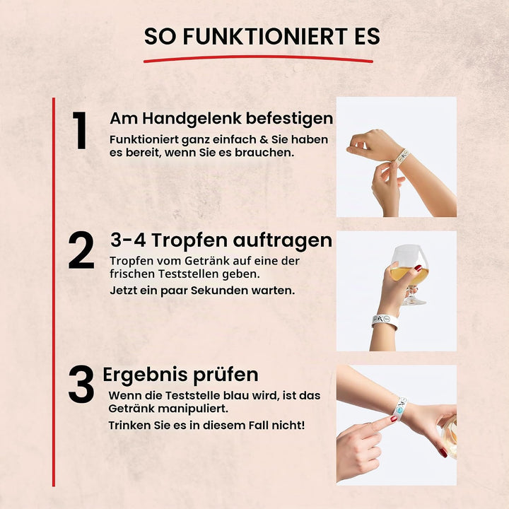 Drinkcheck Armband - Dein Schutz vor KO Tropfen | Teste Dein Getränk auf KO Tropfen GHB | Beige | 4