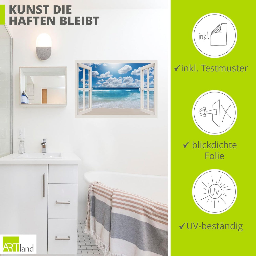 ARTland Wandbild selbstklebend Vinylfolie 100x70 cm Fensterblick Fenster Strand Meer Maritim Karibik