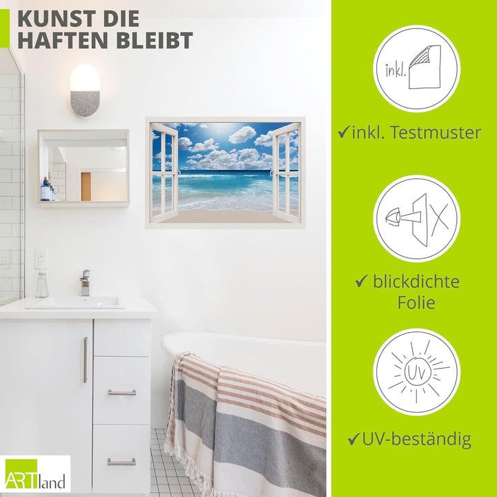 ARTland Wandbild selbstklebend Vinylfolie 100x70 cm Fensterblick Fenster Strand Meer Maritim Karibik