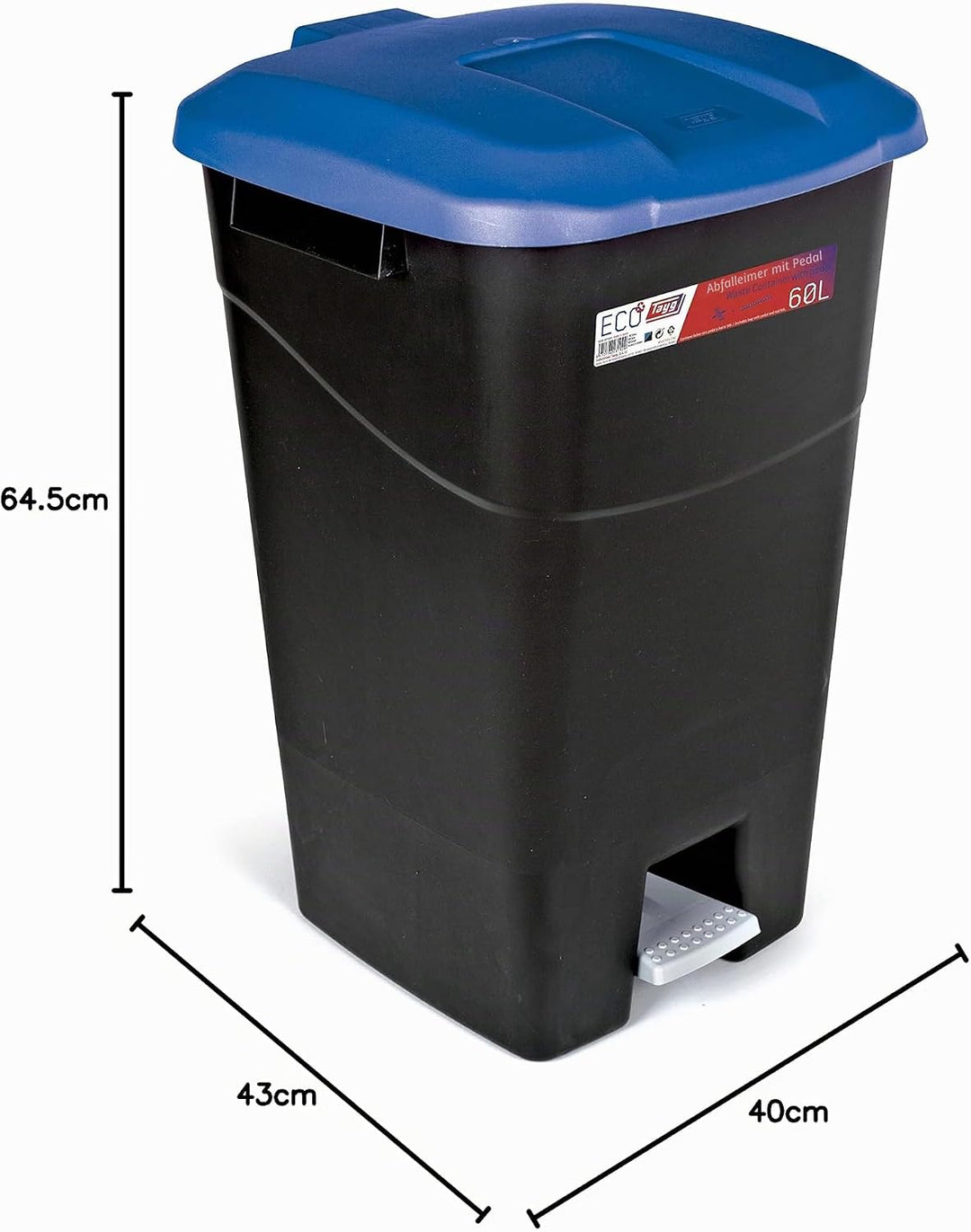tayg - Abfallbehälter 60 Liter mit Pedal, schwarzer Basis und blauem Deckel