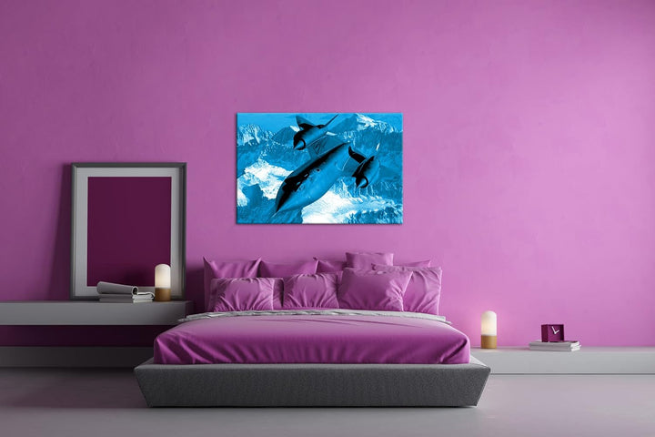 schwarzer Jet über den Bergen Format 80x60 Effekt: Monocrome Blau als Leinwandbild, Motiv fertig ger