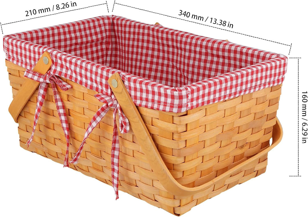 Picknickkorb mit Henkel, Weidenkorb Holz Einkaufskorb, 34 x 21 x 16 cm Geflochtener Korb mit Leinent