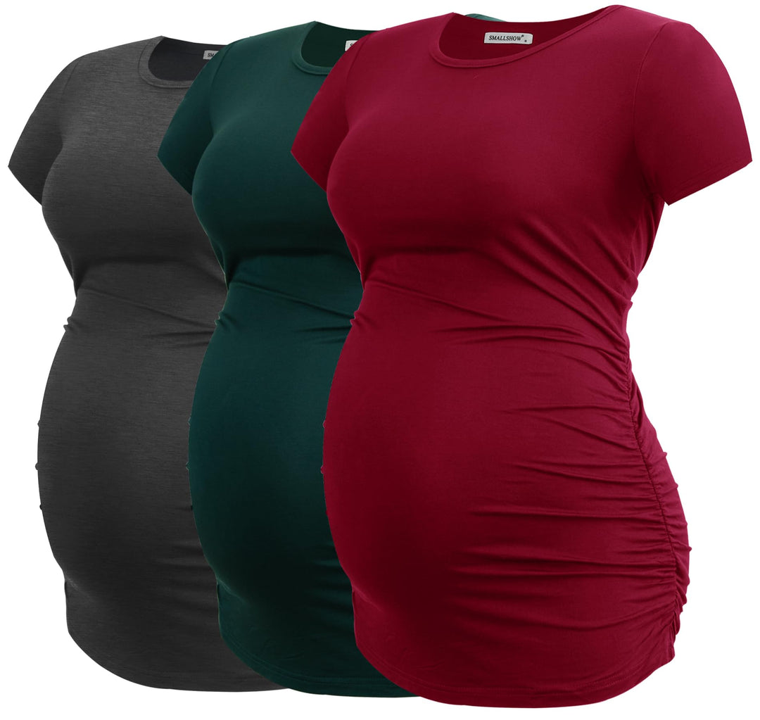 Smallshow Damen Umstandsmode Tops Seitlich Geraffte Schwangerschafts Umstandstop 3er Pack M Dunkelgr