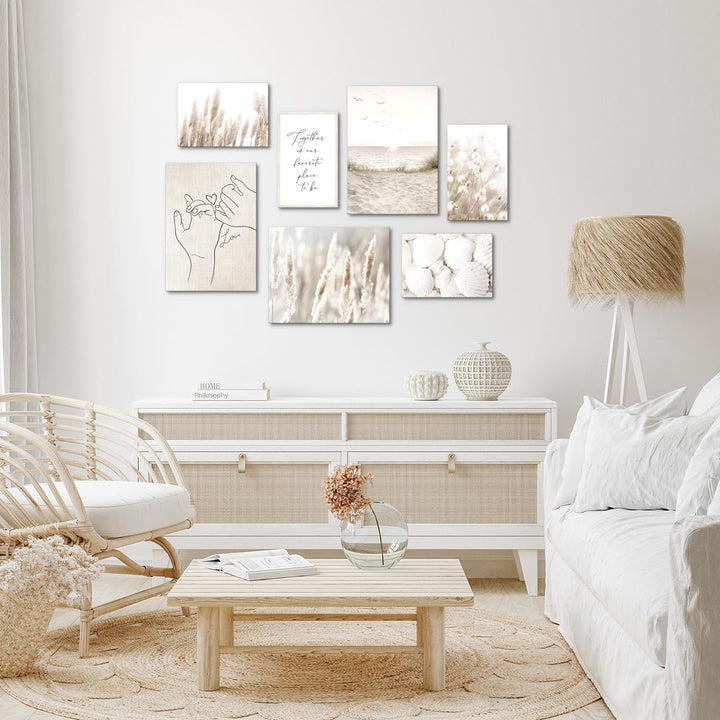 Novart Wandbilder Boho Strand - KOMPLETT AUFHÄNGFERTIG - Beige Wohnzimmer Schlafzimmer- 7 Moderne Mo