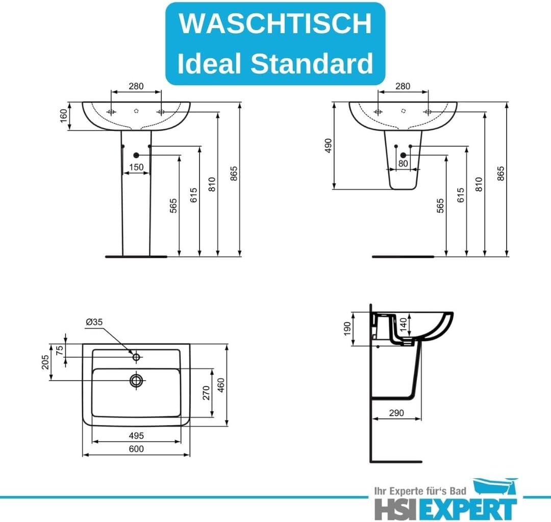Waschbecken - Waschtisch - 60cm Ideal Standard mit Lotus Beschichtung - Grohe Armatur Komplettset -
