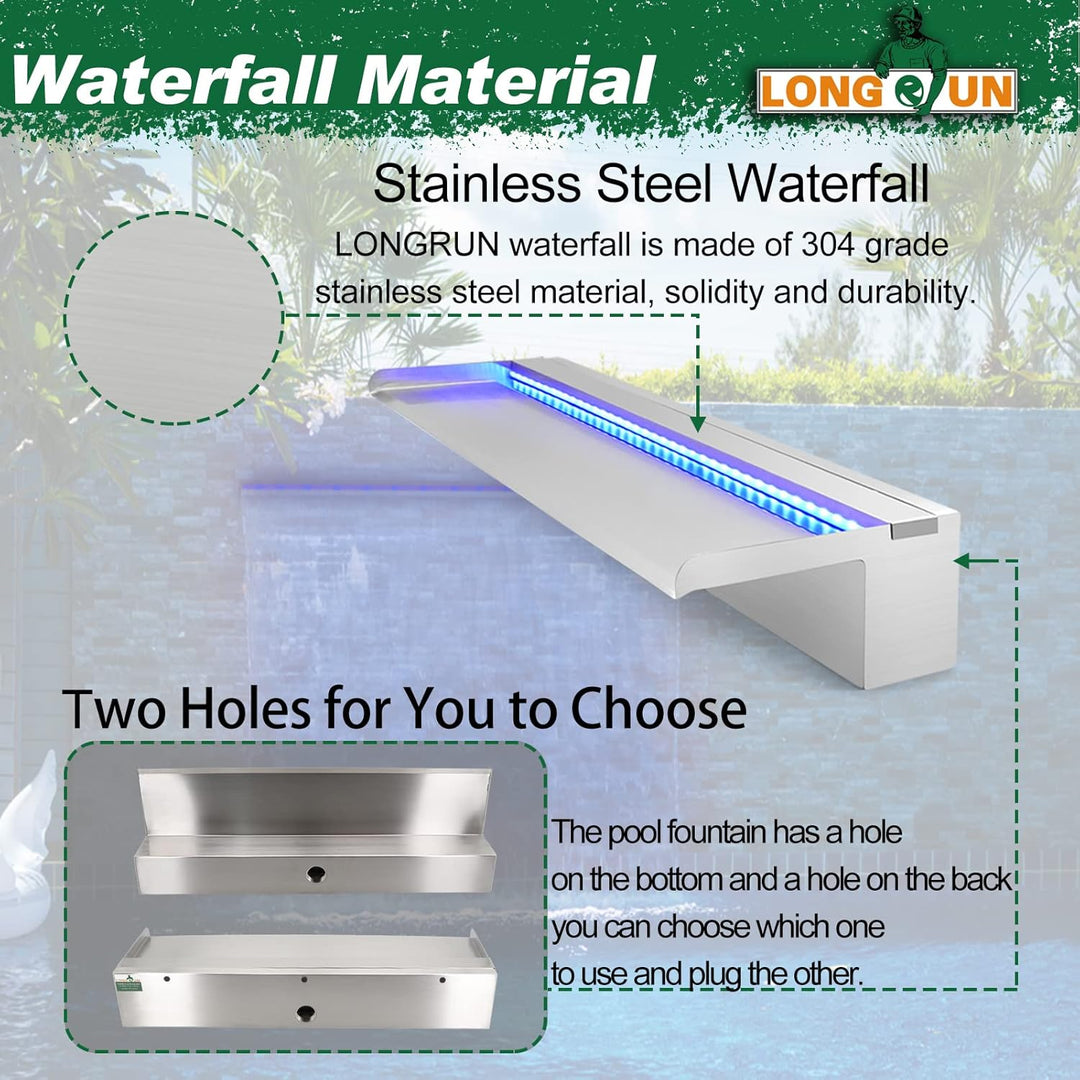 LONGRUN Edelstahl Wasserfall Überlauf, APP Kontrolle Multi-Farben LED-Licht Draussen Pool Brunnen, K