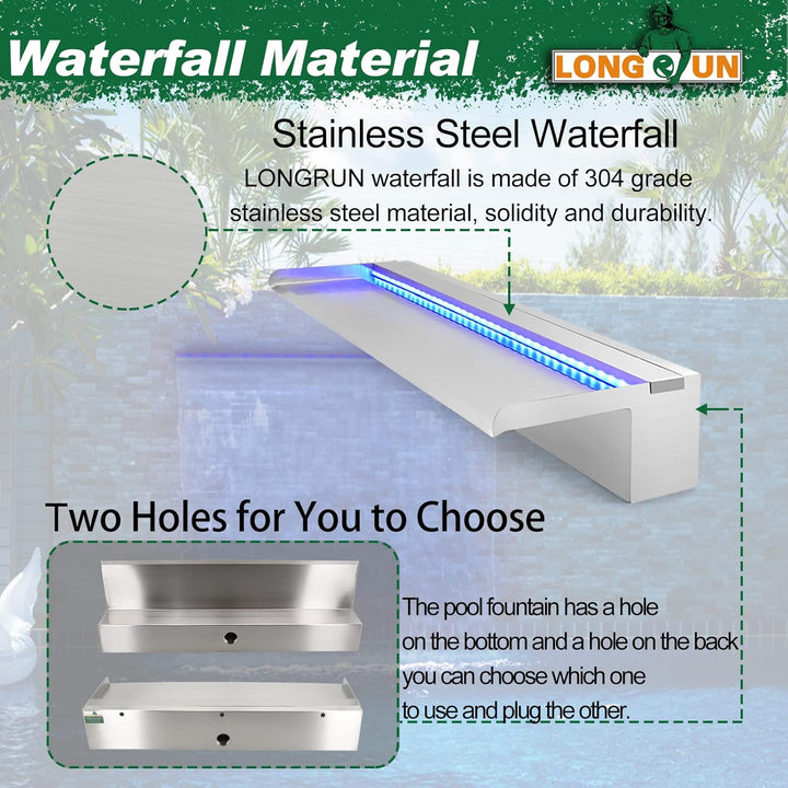 LONGRUN Edelstahl Wasserfall Überlauf, APP Kontrolle Multi-Farben LED-Licht Draussen Pool Brunnen, K