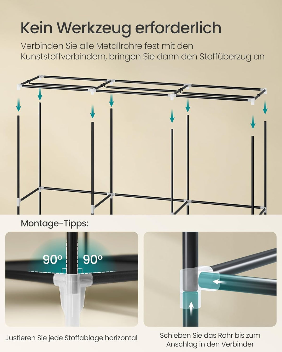 SONGMICS Stoffschrank, Kleiderschrank, 45 x 188 x 176 cm, 3 Hängefächer, mit Ablagen, 4 Seitentasche