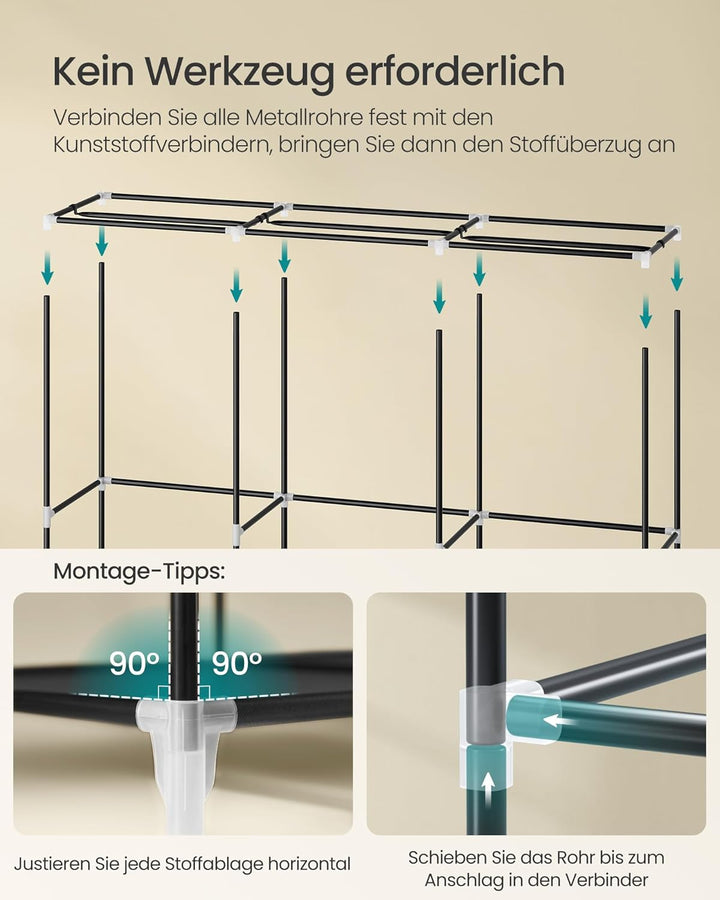 SONGMICS Stoffschrank, Kleiderschrank, 45 x 188 x 176 cm, 3 Hängefächer, mit Ablagen, 4 Seitentasche