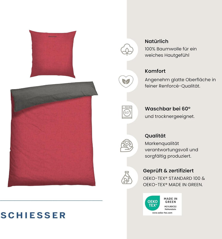 Schiesser Wendebettwäsche Doubleface Rot-Anthrazit, 100% Baumwolle, Grösse:135 x 200 cm + 80 x 80 cm