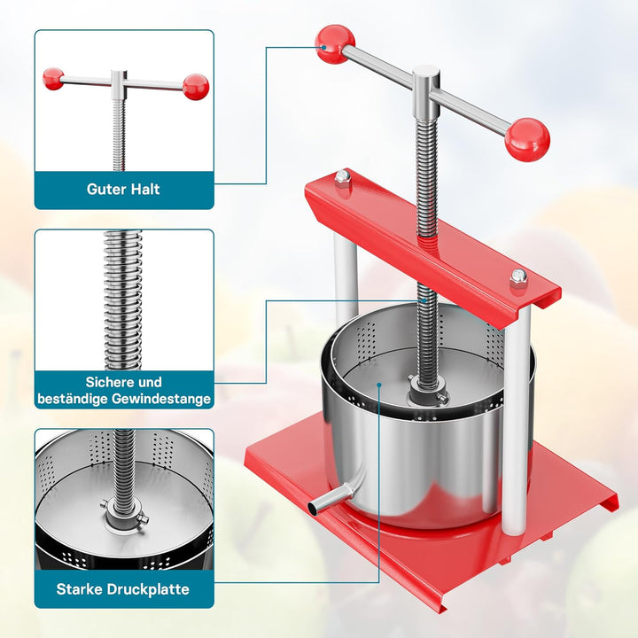 Wiltec Obstpresse 6L Weinpresse aus Stahl Edelstahlkorb Fruchtpresse mit 2-armigen Drehgriff Saftpre