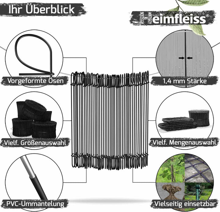 Heimfleiss® Rödeldraht Bindedraht ummantelt in schwarz 1,4 x 100 bis 300 mm (1000 Stk.) - rostfreier