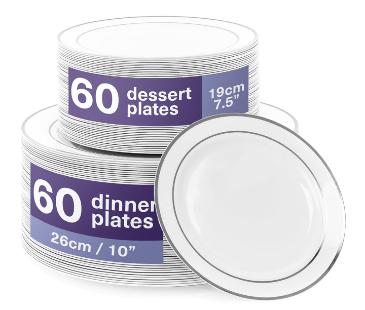 MATANA 120 Weisse Plastikteller mit Silbernem Rand, 2 Grössen (60 x 26cm, 60 x 19cm) - Hochzeiten, T