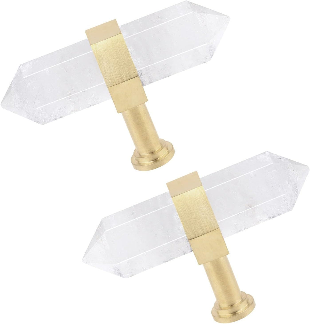 KYEYGWO 2 Stück Bergkristall Heilstein Punkt Möbelknöpfe mit Schrauben, Messing Schubladenknöpfe Kri