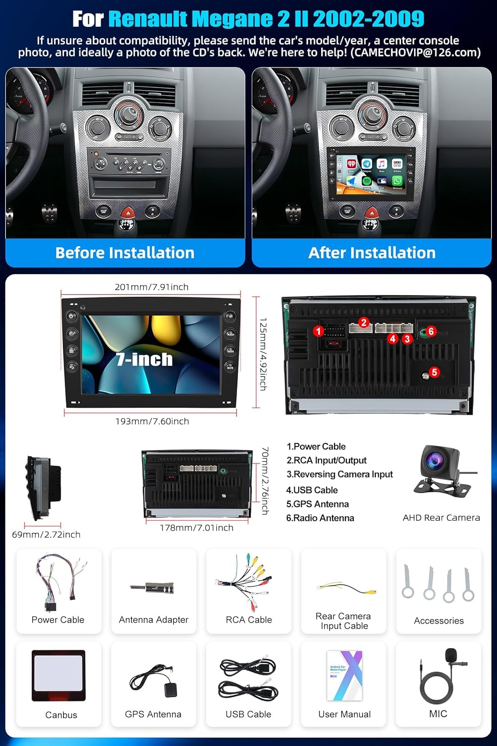 2GB+64GB CAMECHO Android 13 Autoradio für Renault Megane 2 (2002-2009) mit Bluetooth Navi,7 Zoll Aut