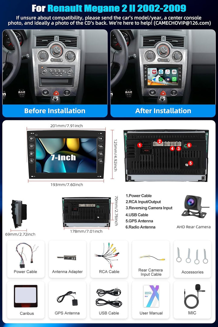 2GB+64GB CAMECHO Android 13 Autoradio für Renault Megane 2 (2002-2009) mit Bluetooth Navi,7 Zoll Aut
