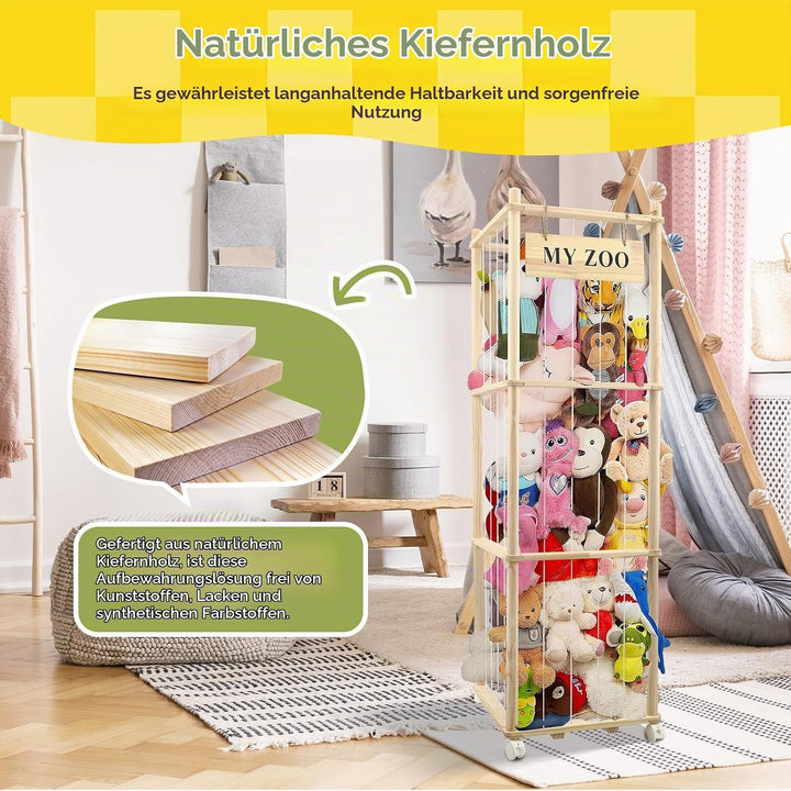 Holz Kuscheltier Aufbewahrung mit °Räder, 135 * 40 * 40cm Stofftier Aufbewahrung für Kuscheltiere, A
