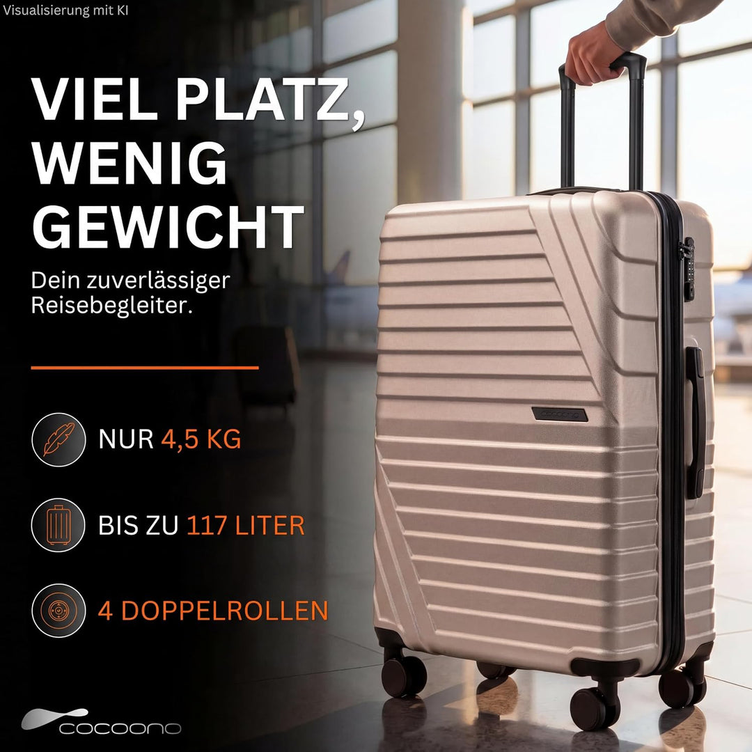 Hartschalenkoffer XL Gross - 100L Volumen erweiterbar auf 117L - 158cm Gurtmass - 8 Rollen 360° dreh