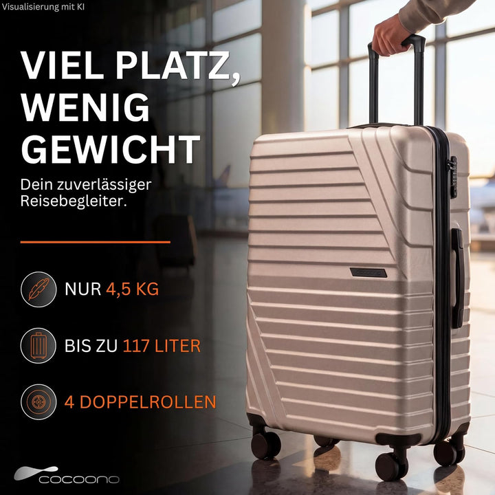 Hartschalenkoffer XL Gross - 100L Volumen erweiterbar auf 117L - 158cm Gurtmass - 8 Rollen 360° dreh