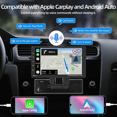 Podofo Single Din Autoradio Kompatibel mit Apple Carplay Android Auto, 9 Zoll Touchscreen Abnehmbare