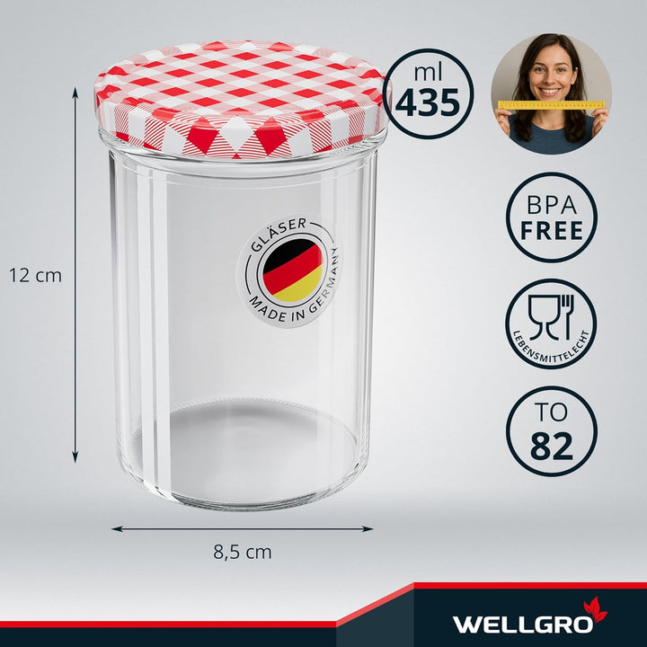 WELLGRO 12x Einmachgläser mit Schraubdeckel - 435 ml, 8,5 x 12 cm (ØxH), Glas/Metall, rot karierte D