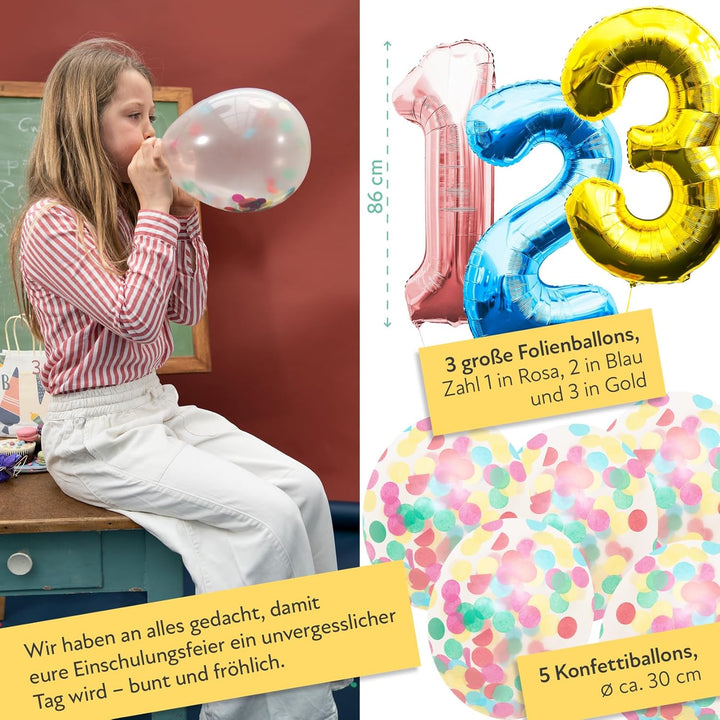 PARTY PARTY 88 Teile Einschulung Deko Set GESCHIRR + GESCHENKTÜTEN + BALLONS Schulanfang 16 Gäste (B