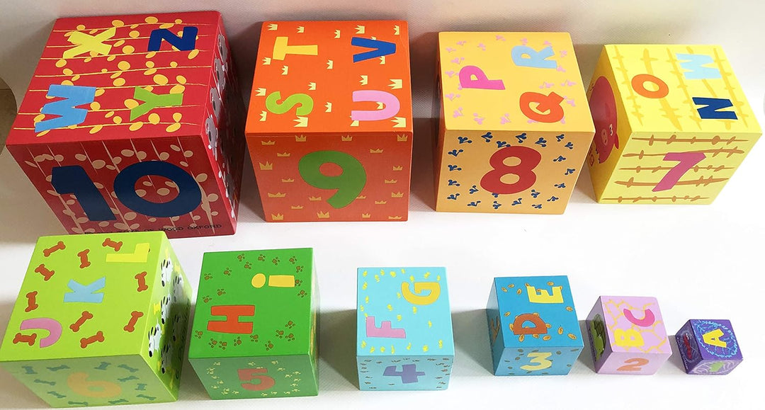 Toys of Wood Oxford Stapelturm Holz - Bunte Würfel mit Zahlen, Buchstaben und Tieren stapeln oder in