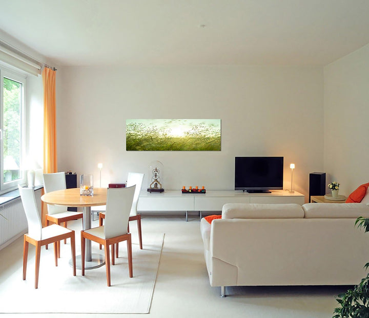 Paul Sinus Art Panoramabild auf Leinwand und Keilrahmen 150x50cm Wiese Gräser Sommer Sonnenuntergang
