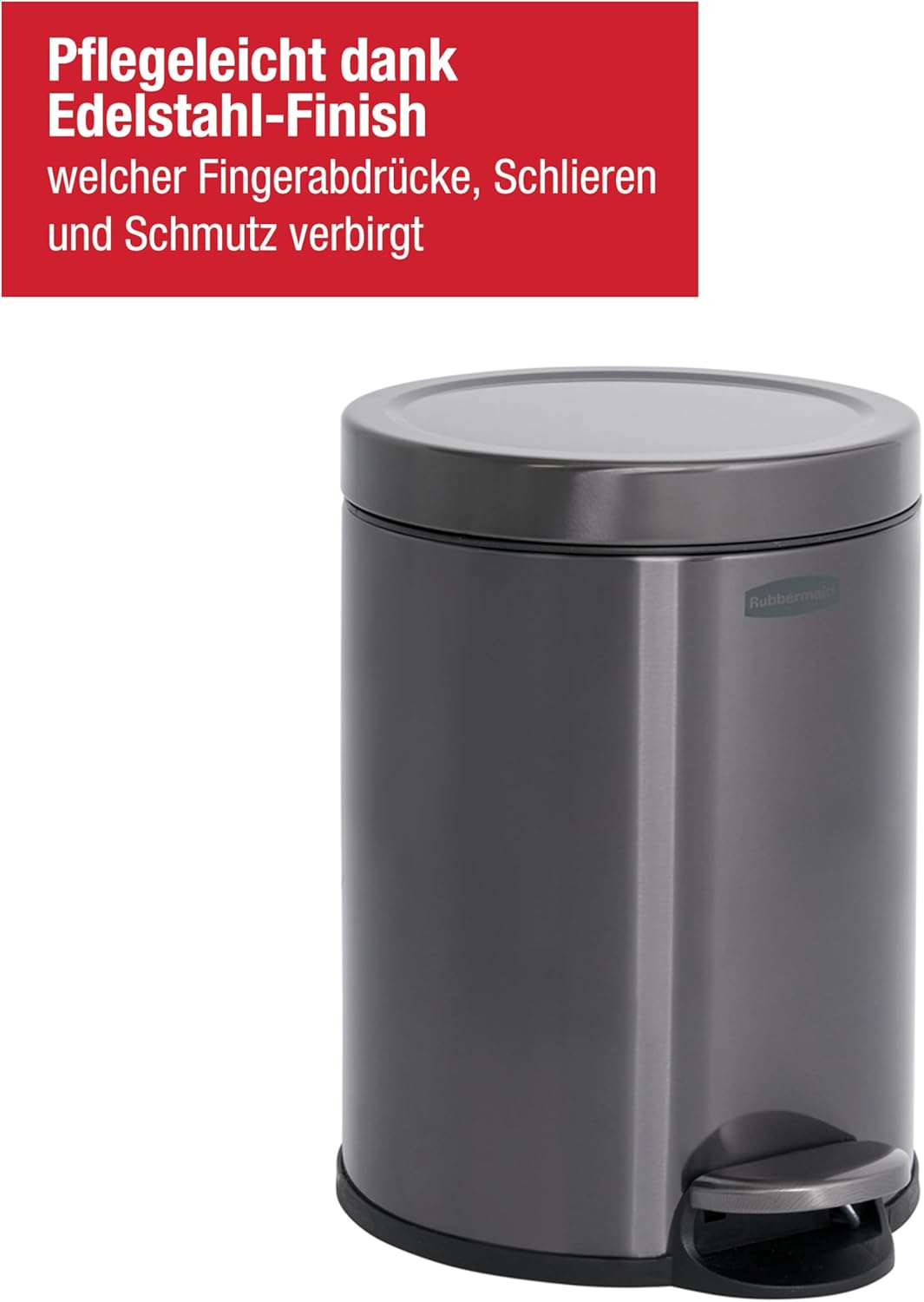 Rubbermaid Runder Step-On Mülleimer 6L Anthrazit Edelstahl – Kleiner Pedaleimer mit langsam schliess