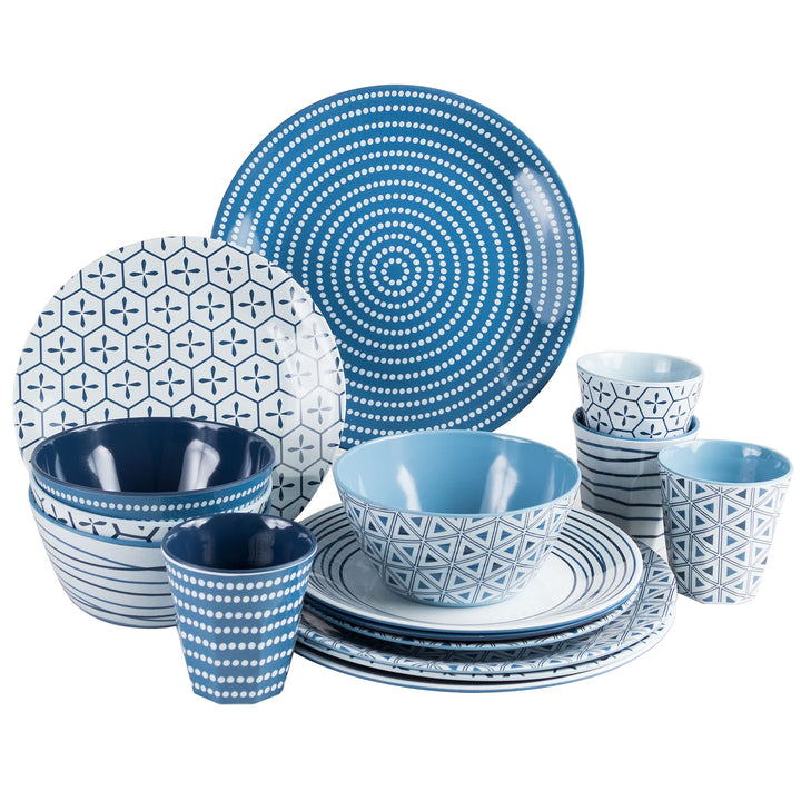 Camping Geschirr Set 4 Personen, Blau-Weiss, Melamin Geschirr Set, Camping-Geschirr, Wohnmobil Gesch