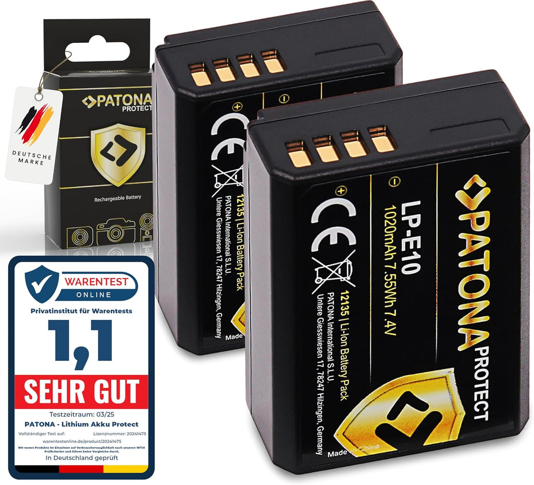 PATONA Protect V1 (2X) Ersatz für Akku Canon LP-E10 (echte 1020mAh) mit NTC-Sensor und V1 Gehäuse ko
