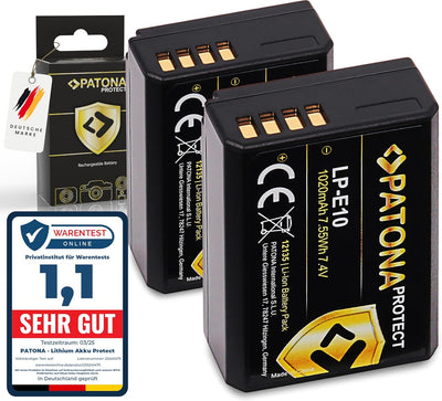 PATONA Protect V1 (2X) Ersatz für Akku Canon LP-E10 (echte 1020mAh) mit NTC-Sensor und V1 Gehäuse ko