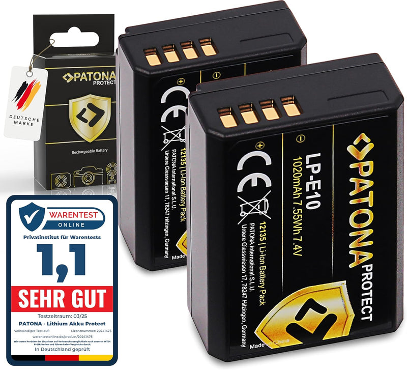 PATONA Protect V1 (2X) Ersatz für Akku Canon LP-E10 (echte 1020mAh) mit NTC-Sensor und V1 Gehäuse ko