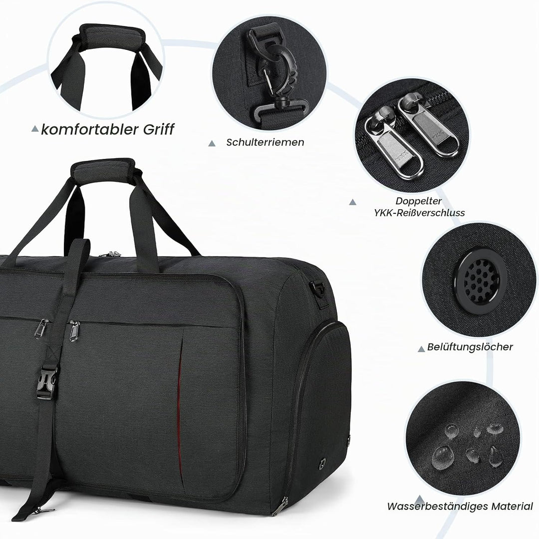 NUBILY Faltbare Reisetasche Gross 65L Sporttasche Herren Damen mit Schuhfach Leichter Reisetaschen W