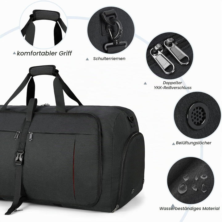 NUBILY Faltbare Reisetasche Gross 65L Sporttasche Herren Damen mit Schuhfach Leichter Reisetaschen W