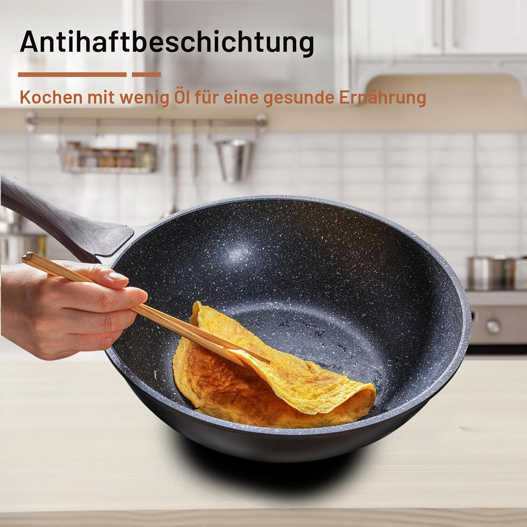 Kordisen Wokpfanne induktion, 30,5 cm Nonstick Wokpfanne mit Deckel, Woks & Bratpfannen, Granitstein