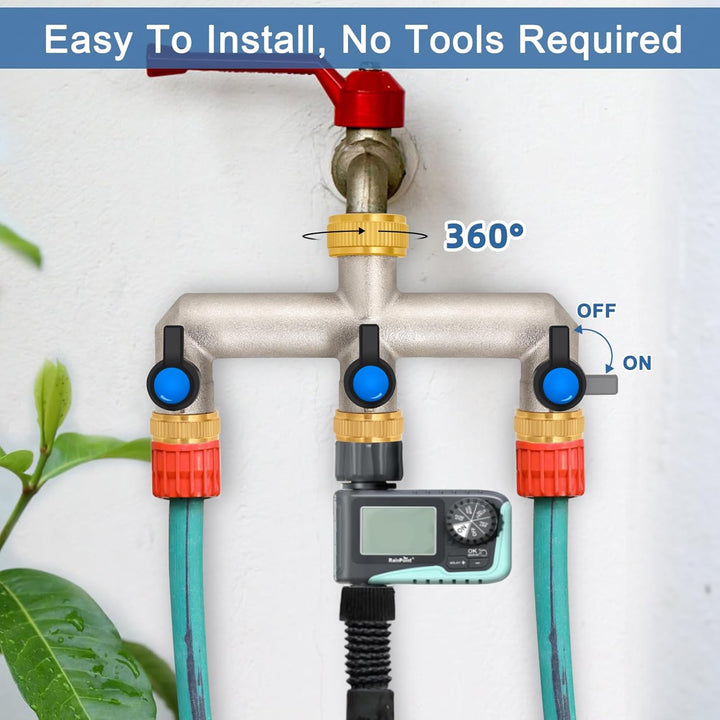 3-Wege Wasserhahn Wasserverteiler aus Messing für 3 Geräte/Gartenschläuche, 3er Verteiler 3/4" Adapt