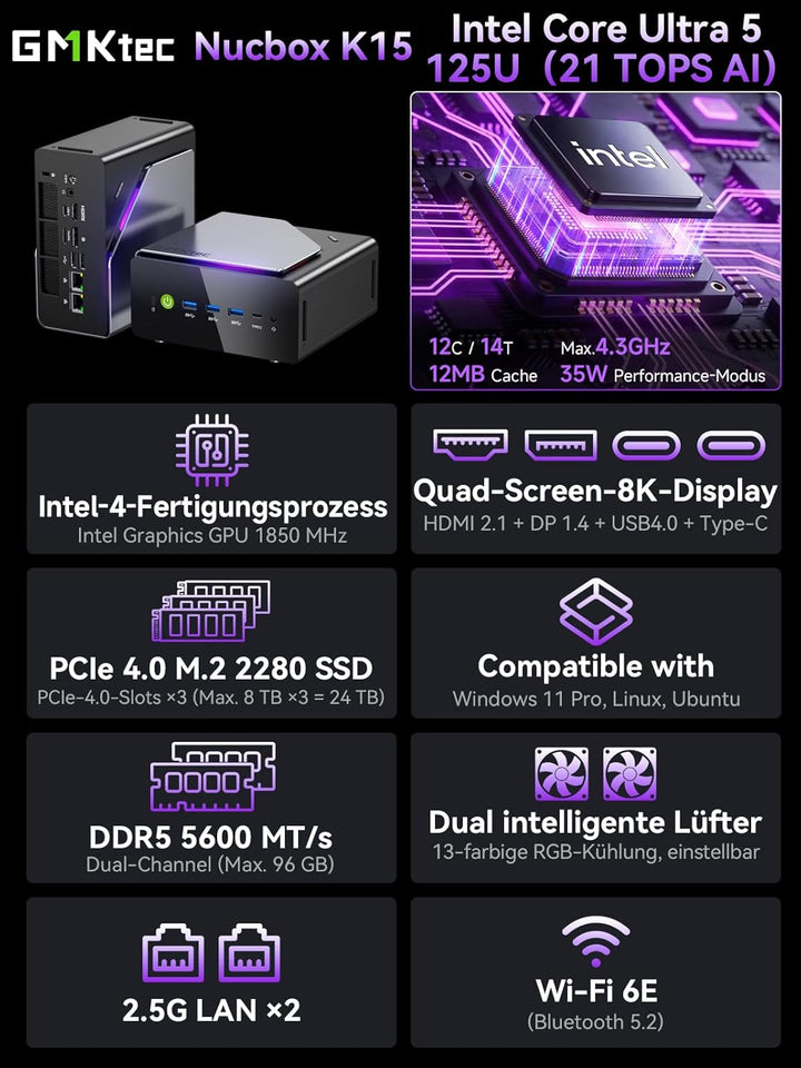 GMKtec Mini Gaming PC Intel Ultra 5 125U(12K/14T Bis zu 4.3GHz), K15 Mini PC 48GB DDR5 4800, 1TB PCI