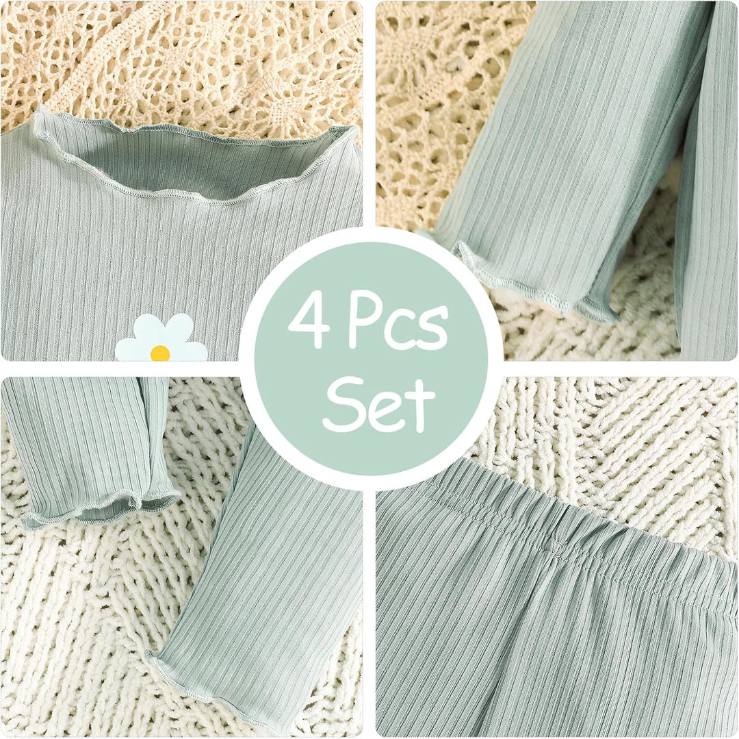 Kleinkind Baby Mädchen kleidung Set Rüschen Gerippte Kurzarm/Langarm T-Shirt Tops + Shorts Hosen 4Pc