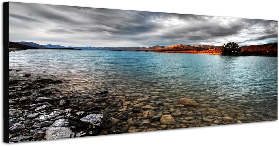 Paul Sinus Art Panoramabild auf Leinwand und Keilrahmen 150x50cm Bergsee Berge Steine Wolkenhimmel