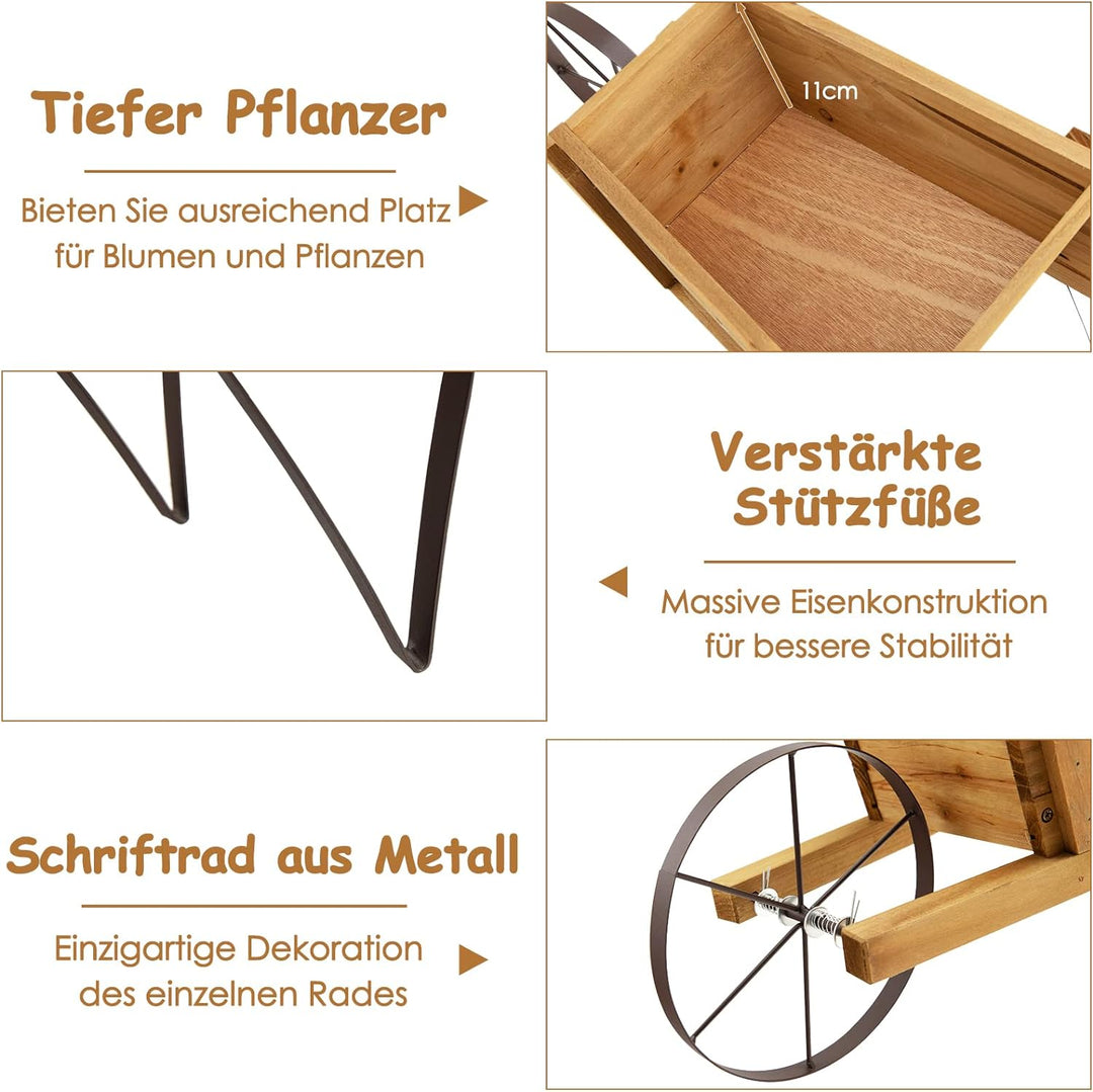 RELAX4LIFE Pflanzschubkarre, Blumenkarre aus Kiefernholz zum Bepflanzen, Gartendeko mit Griff, Rad &