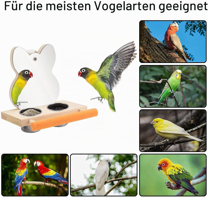 Vogelspiegel mit Sitzstange, Vogelsitzstange mit Spiegel und 2 Fütterung Tassen, Vogelspielzeug, Spi